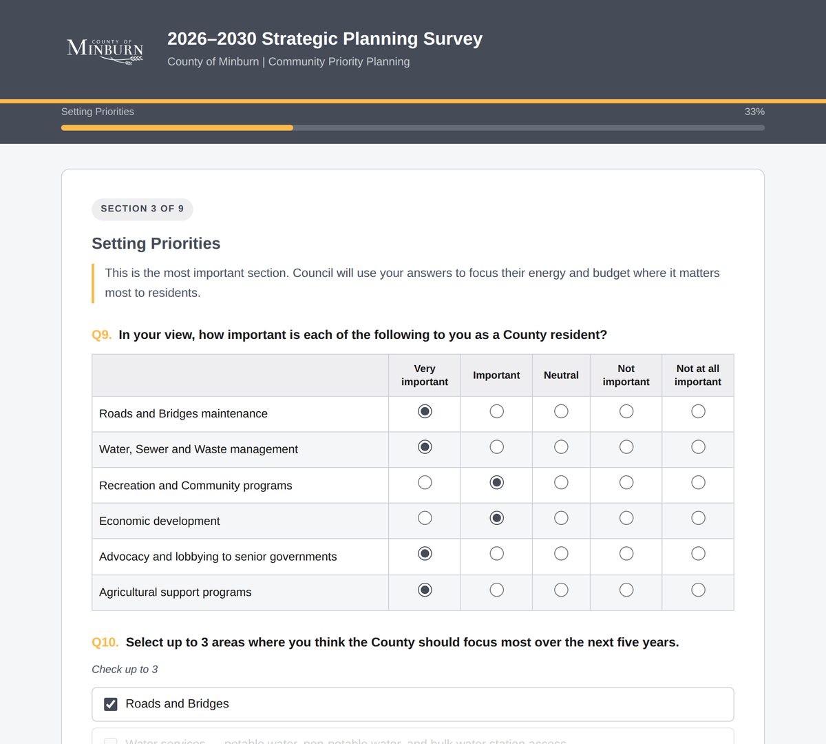 The County of Minburn 2026-2030 Strategic Planning Survey as delivered, showing the County's own branding, a progress bar, and a question matrix with sample answers filled in.